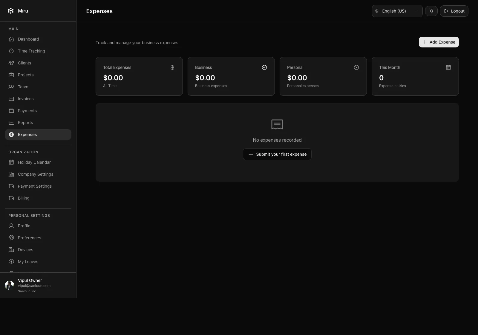 Miru expenses screen with expense entries and approvals