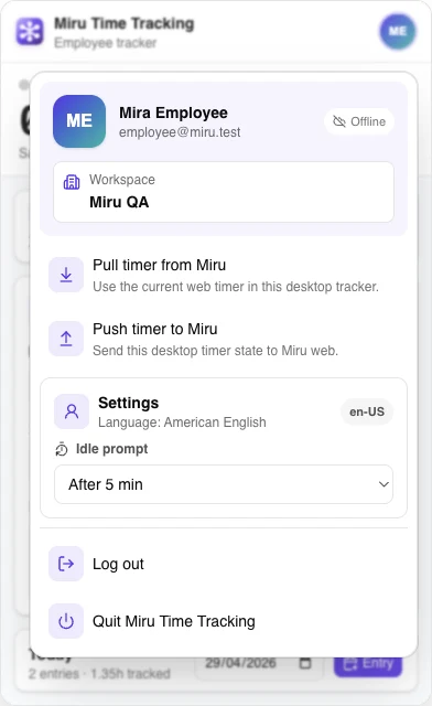 Miru Time Tracking account and sync popover