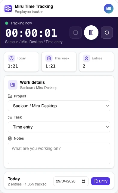Miru Time Tracking desktop app with a running timer, local summaries, and project details