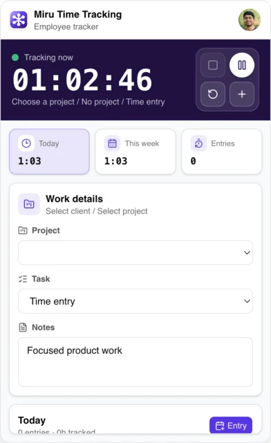 Miru Time Tracking desktop timer with a profile avatar and sanitized local work details
