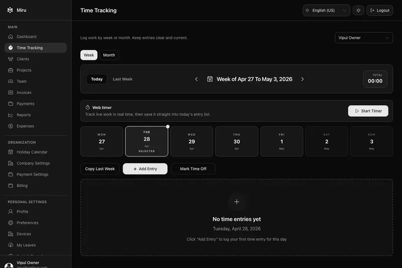 Miru time tracking interface with billable entries and weekly work logs