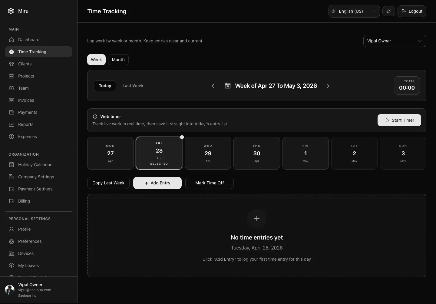 Miru time tracking interface with timers and recent entries
